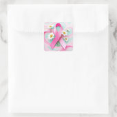 Pink Ribbon and Daisies Breast Cancer Awareness スクエアシール (バッグ)