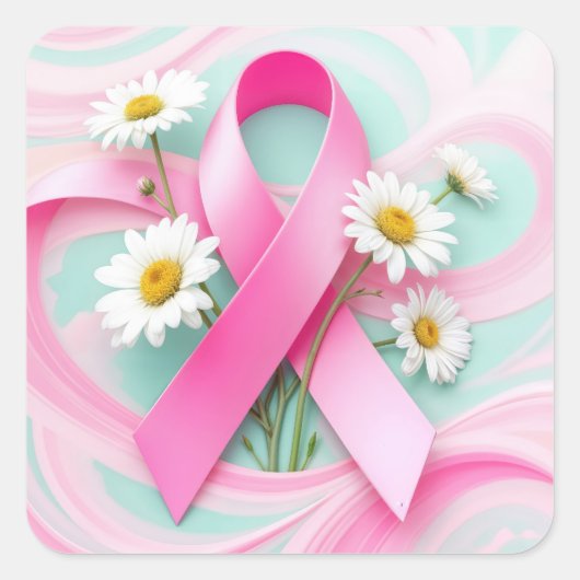 Pink Ribbon and Daisies Breast Cancer Awareness スクエアシール (正面)
