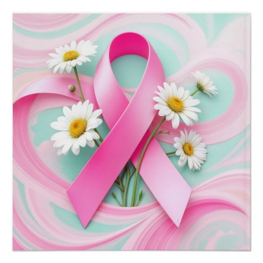 Pink Ribbon and Daisies Breast Cancer Awareness ポスター (正面)