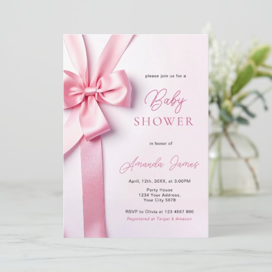 Pink Ribbon Bow Baby Shower 招待状 (スタンド正面)