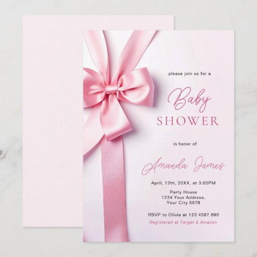 Pink Ribbon Bow Baby Shower 招待状 (正面/裏面)