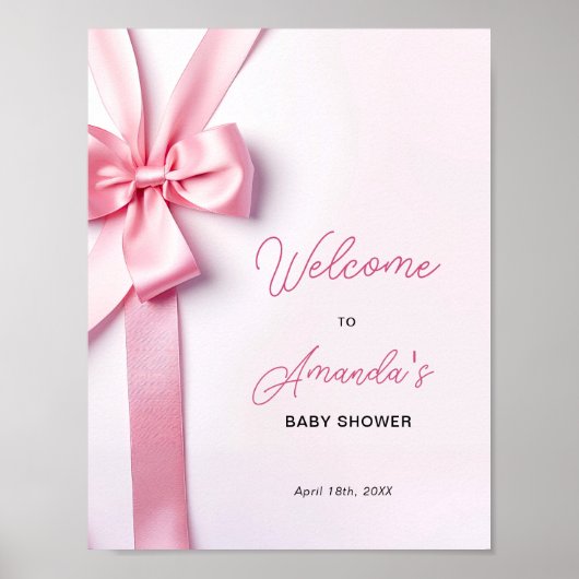 Pink Ribbon Bow Baby Shower Welcome Sign ポスター (正面)