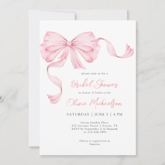 Pink Ribbon Bow Coquette Minimalist Bridal Shower 招待状 (正面)