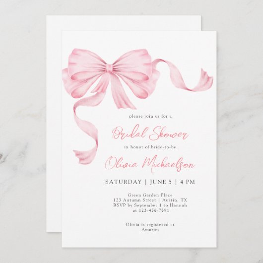 Pink Ribbon Bow Coquette Minimalist Bridal Shower 招待状 (正面/裏面)