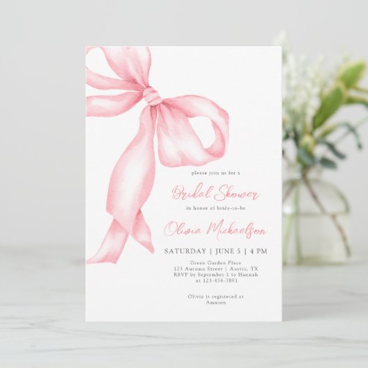 Pink Ribbon Bow Floral Coquette Bridal Shower 招待状 (スタンド正面)