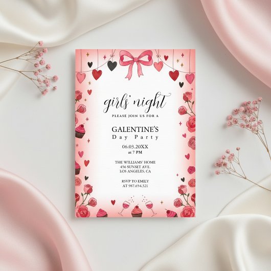 Pink Ribbon Bow Galentine's Invitation 招待状