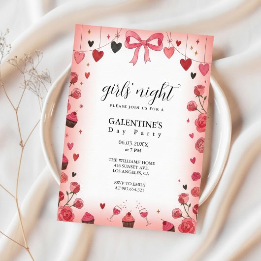 Pink Ribbon Bow Galentine's Invitation 招待状