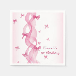 Pink Ribbon Bow Watercolor First Birthday Napkins スタンダードカクテルナプキン