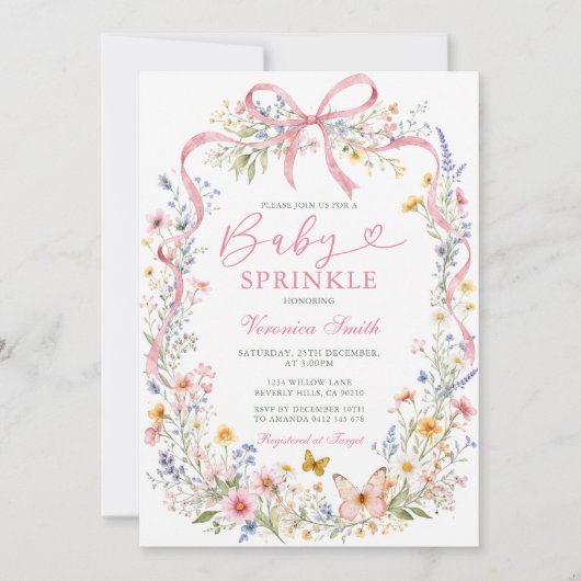 Pink Ribbon Bow Wildflower Baby Sprinkle 招待状 (正面)