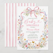 Pink Ribbon Bow Wildflower Baby Sprinkle 招待状 (正面/裏面)
