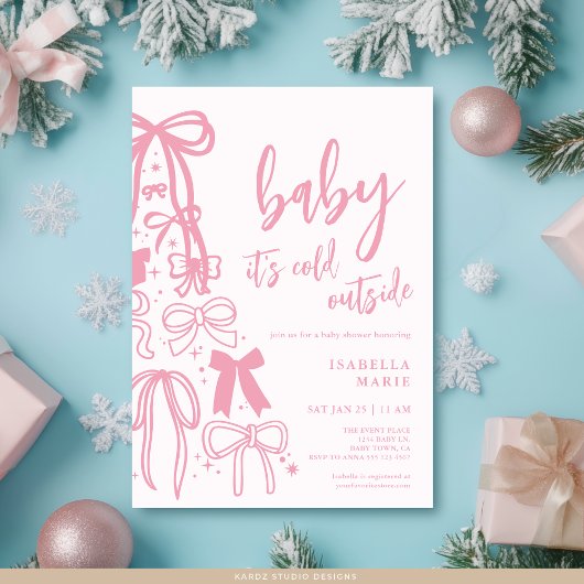 Pink Ribbon Bows Baby Its Cold Outside Baby Shower 招待状