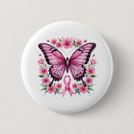Pink Ribbon Butterfly Breast Cancer Awareness  缶バッジ