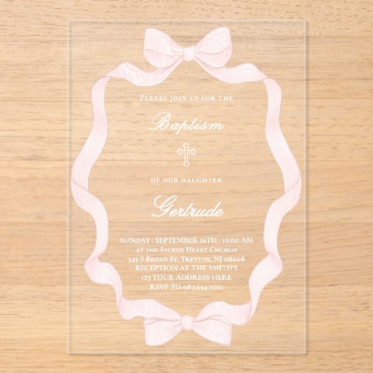  pink ribbon frame Baptism  アクリル招待状 (正面)