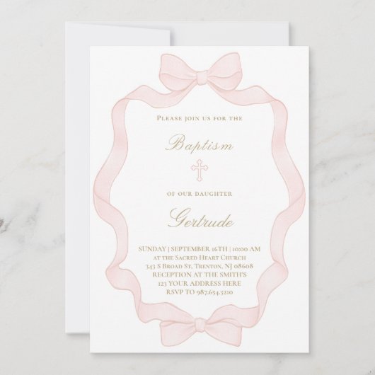  pink ribbon frame Baptism Invitation 招待状 (正面)