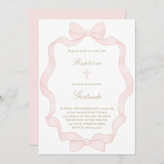  pink ribbon frame Baptism Invitation 招待状 (正面/裏面)