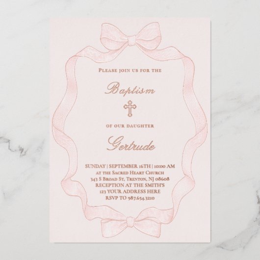  pink ribbon frame Baptism Invitation 箔招待状 (正面)