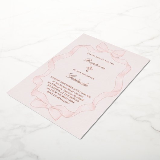  pink ribbon frame Baptism Invitation 箔招待状 (回転した状態)