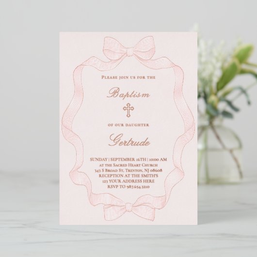  pink ribbon frame Baptism Invitation 箔招待状 (立ち正面)