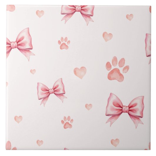 Pink Ribbon, Heart & Paw Print Pattern - Soft Pink タイル (正面)