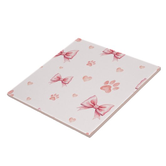 Pink Ribbon, Heart & Paw Print Pattern - Soft Pink タイル (側面)
