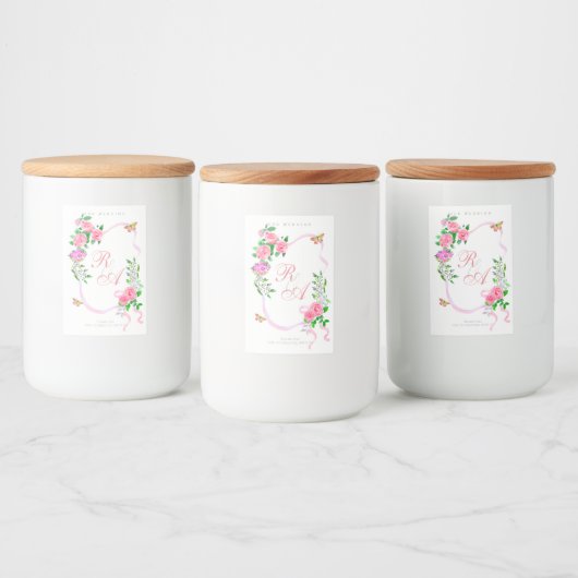 Pink Ribbon Monogram Wedding フードラベル (ボトル)