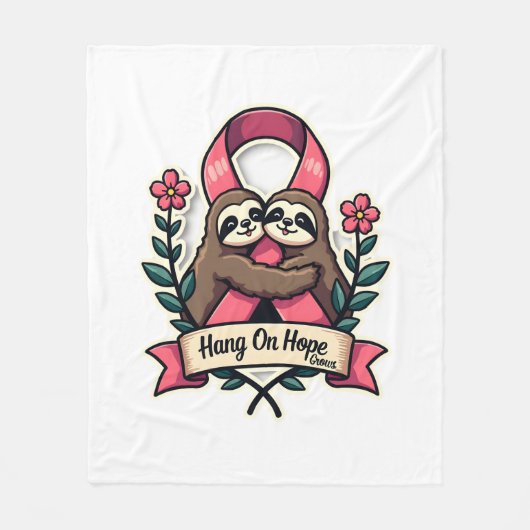 Pink Ribbon Sloth Support Vintage Awareness Art フリースブランケット (正面)