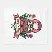 Pink Ribbon Sloth Support Vintage Awareness Art フリースブランケット (正面(横))