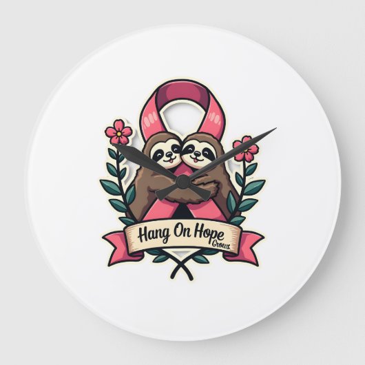 Pink Ribbon Sloth Support Vintage Awareness Art ラージ壁時計 (正面)
