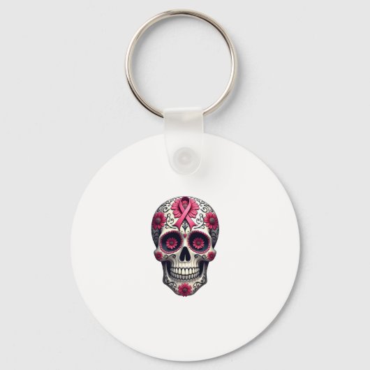 Pink Ribbon Sugar Skull Calavera Breast Cancer Awa キーホルダー (正面)