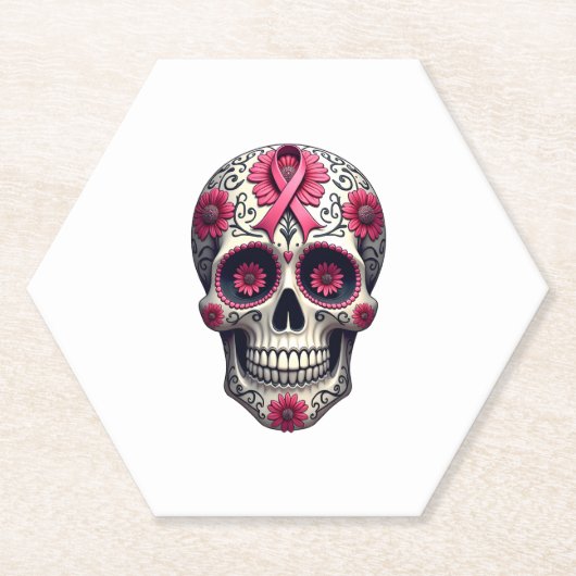 Pink Ribbon Sugar Skull Calavera Breast Cancer Awa ペーパーコースター (正面)