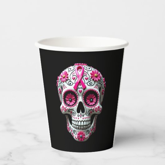 Pink Ribbon Sugar Skull Calavera Breast Cancer Awa 紙コップ (正面)