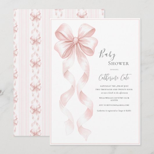 Pink Ribbons & Bows Elegant Baby 招待状 (正面/裏面)