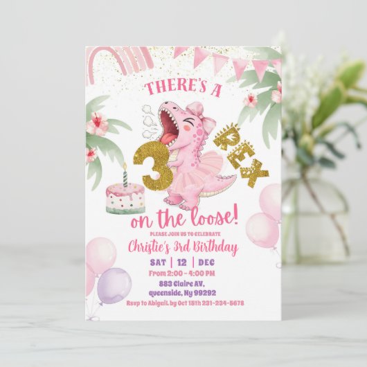 Pink Roaring Dinosaur 3-rex birthday Invitation 招待状 (スタンド正面)