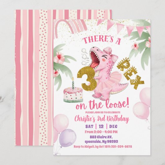 Pink Roaring Dinosaur 3-rex birthday Invitation 招待状 (正面/裏面)