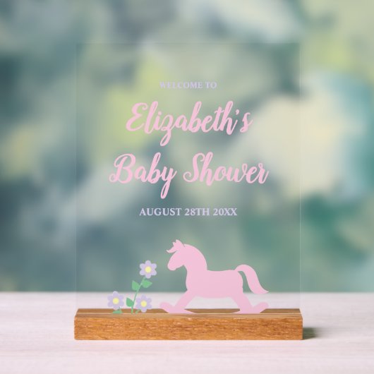 Pink Rocking Horse Girl Baby Shower アクリルサイン (ニュートラル)