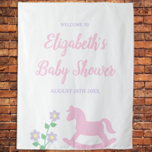 Pink Rocking Horse Girl Baby Shower タペストリー