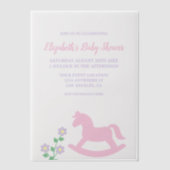 Pink Rocking Horse Girl Baby Shower ベラム紙招待状 (正面)