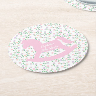 Pink Rocking Horse Girl Baby Shower ラウンドペーパーコースター