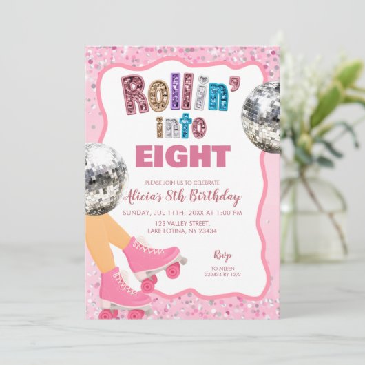 Pink Roller Skate Glitter Sequin Birthday 招待状 (スタンド正面)