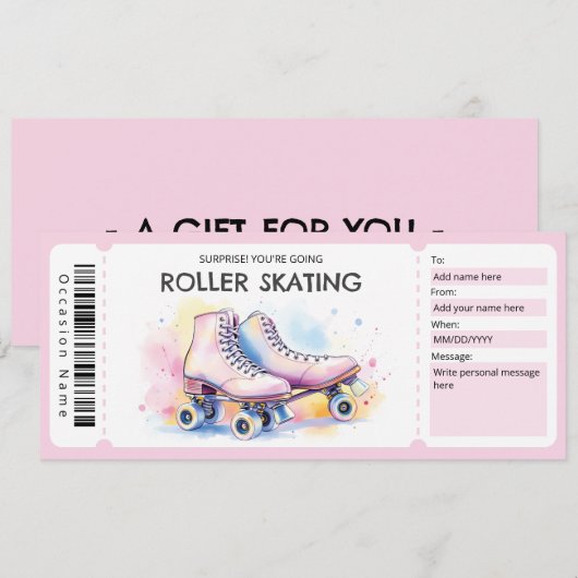 Pink Roller Skating Ticket Gift Certificate 招待状 (正面/裏面)
