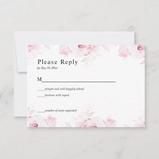 Pink Romantic Roses Elegant White RSVP Card (正面)