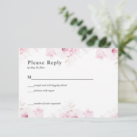 Pink Romantic Roses Elegant White RSVP Card (スタンド正面)
