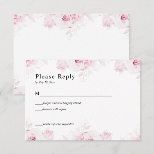 Pink Romantic Roses Elegant White RSVP Card (正面/裏面)
