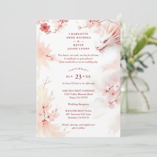 Pink Romantic Sakura & Japanese White Dragon 招待状 (スタンド正面)