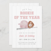 Pink Rookie of the Year Baseball First Birthday 招待状 (正面/裏面)