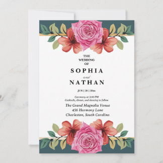 Pink Rose and Teal Floral Wedding Invitation 招待状