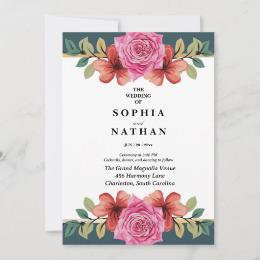 Pink Rose and Teal Floral Wedding Invitation 招待状 (正面)