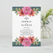 Pink Rose and Teal Floral Wedding Invitation 招待状 (スタンド正面)