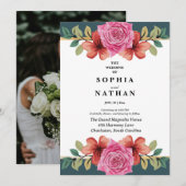 Pink Rose and Teal Floral Wedding Invitation 招待状 (正面/裏面)