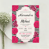 Pink Rose Black and White Stripe Floral アクリル招待状